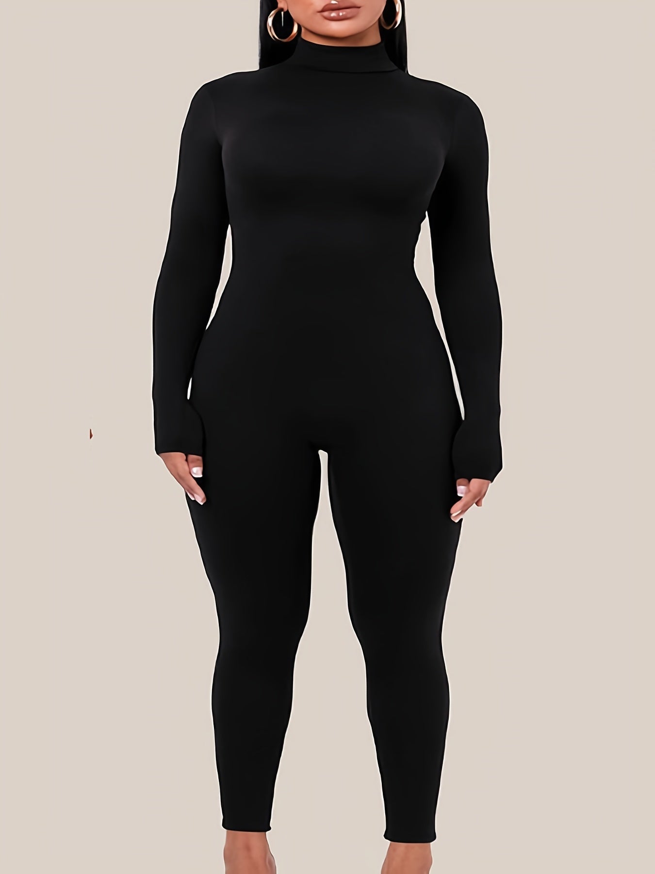 Skinny Turtle Neck Jumpsuit Long Sleeve Stretchy Jumpsuit for Women