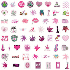 60pcs Pink Leaf & Cannabis Vinyl Stickers for Laptops Water Bottles Cars