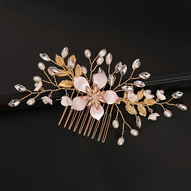 Bride Wedding Hair Comb Faux Pearl Bridal Side Comb Rhinestone Flower