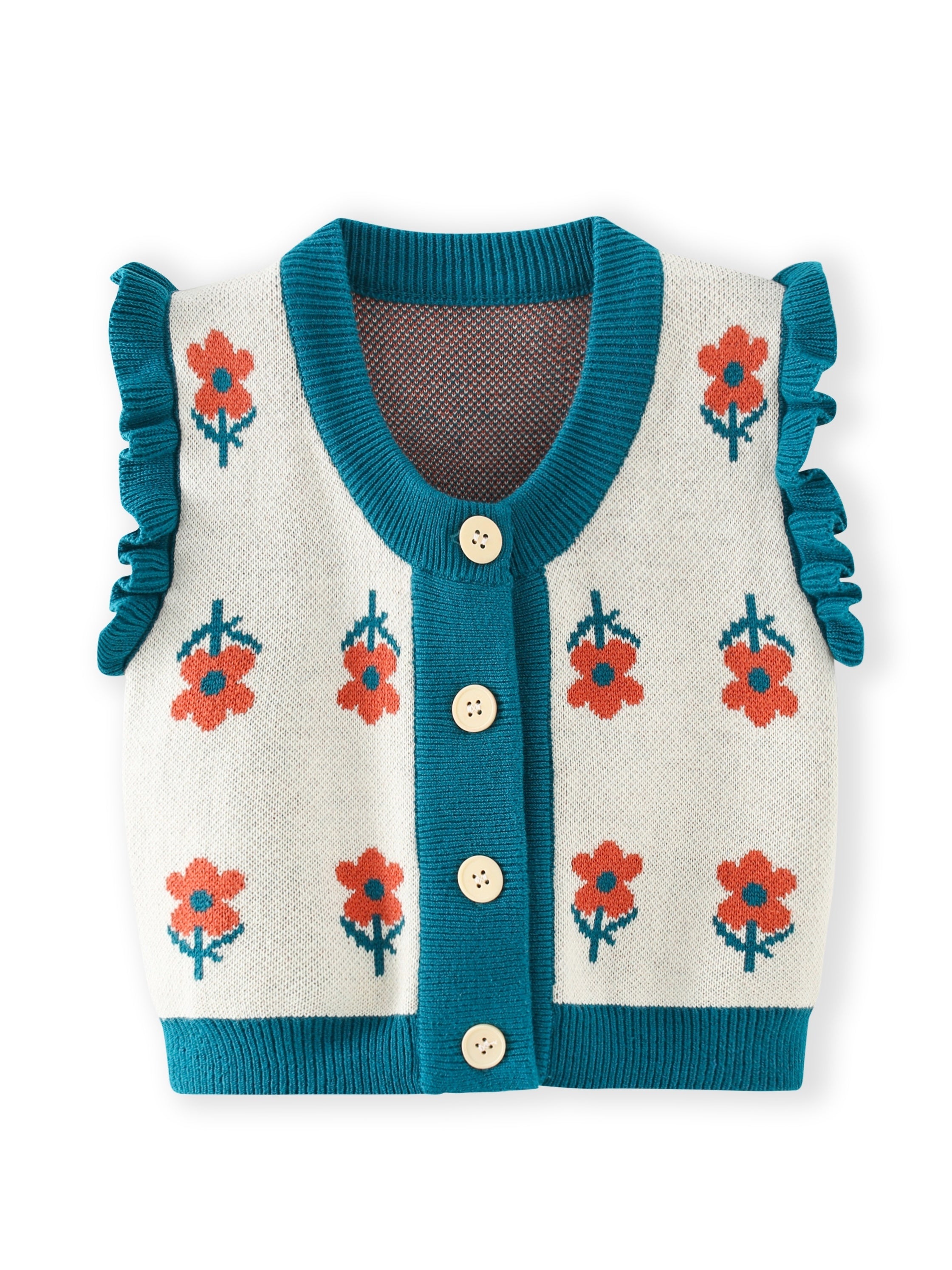 Baby Girl Knitted Sweater Vest Ruffle Trim Flower Print Cardigan Vest