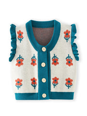 Baby Girl Knitted Sweater Vest Ruffle Trim Flower Print Cardigan Vest