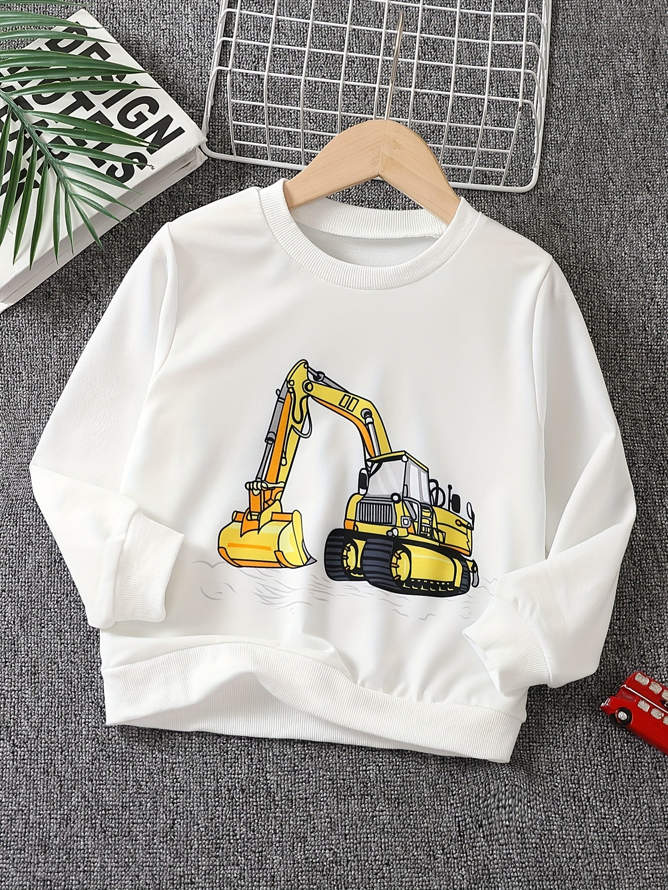Boys Cartoon Digger Print Sweatshirt Long Sleeve Crew Neck Tops