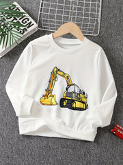 Boys Cartoon Digger Print Sweatshirt Long Sleeve Crew Neck Tops