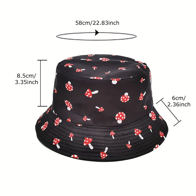 Red Mushroom Print Bucket Hat Solid Reversible Fisherman Cap