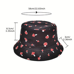 Red Mushroom Print Bucket Hat Solid Reversible Fisherman Cap