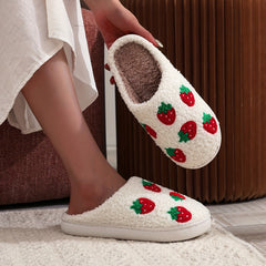 Women's Strawberry Pattern Embroidered Slippers Plush Lined Slip On Shoes