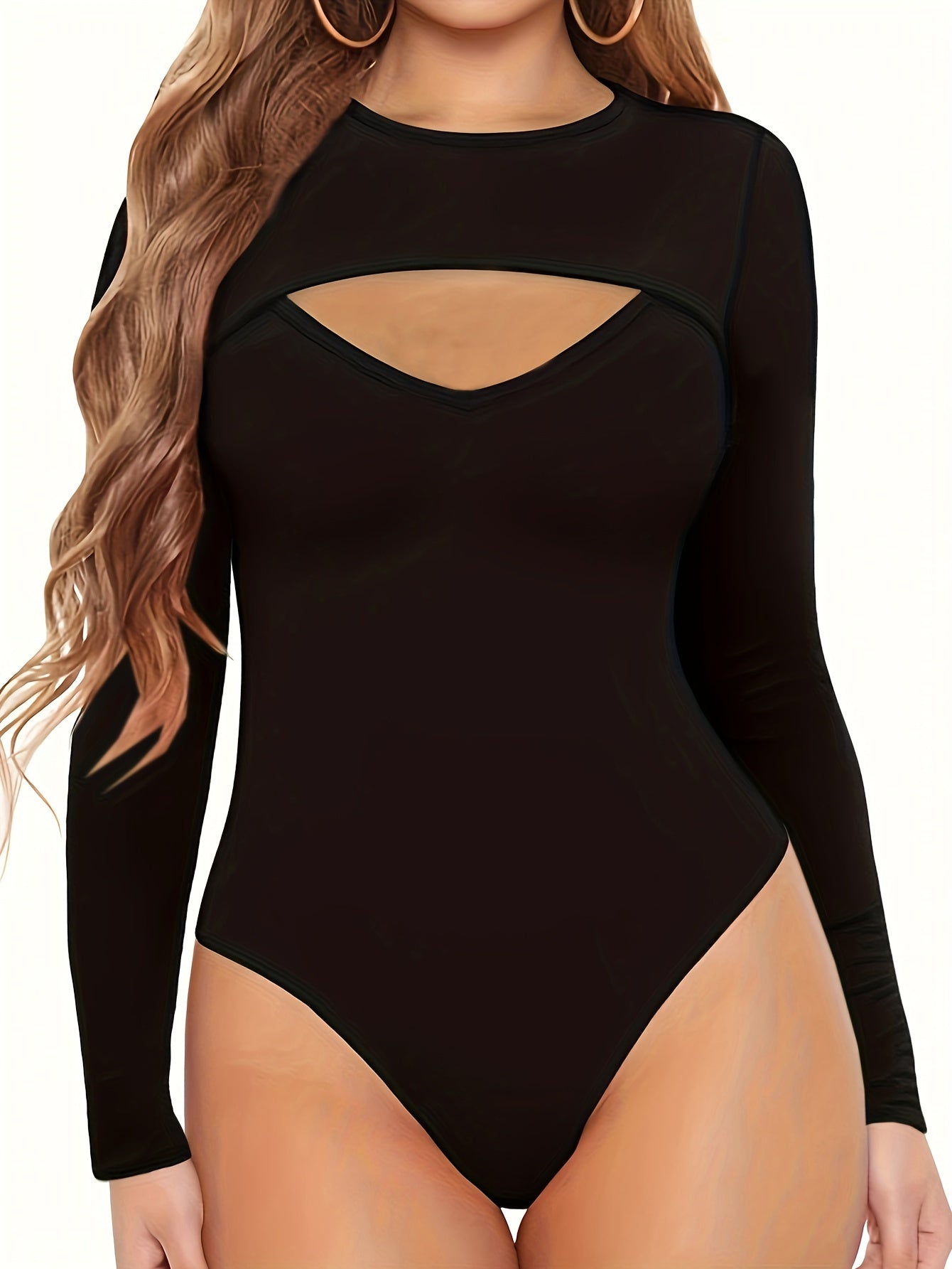 Sexy Bodysuit Cut Out Front Long Sleeve Slim Fit