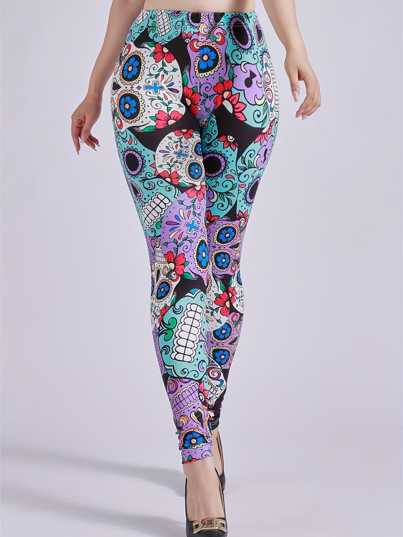 Skull Print Skinny Leggings High Waist Women's Clothing
