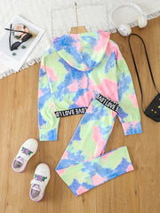 Girl's Tie Dye 2pcs Hoodie & Sweatpants Set LOVE Print Long Sleeve Top