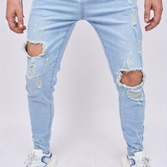 Slim Fit Ripped Jeans Mens Casual Street Style High Stretch Denim Pants