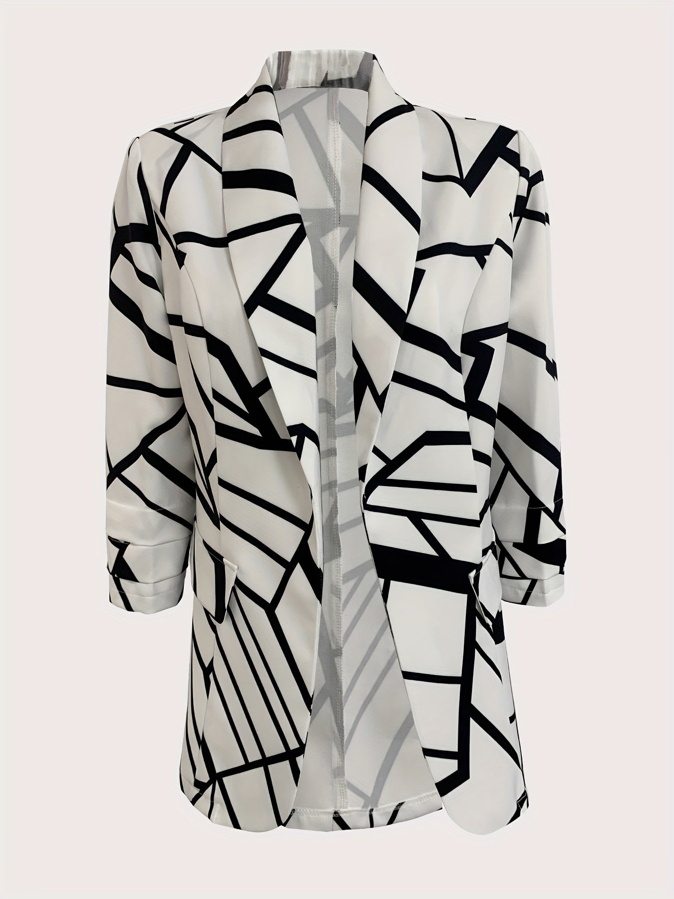 Print Open Front Blazer Shawl Collar Bracelet Sleeve Blazer