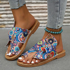 Women's Bowknot Sandals Floral Printed Slip On Toe Loop Casual Flat Summer Shoes