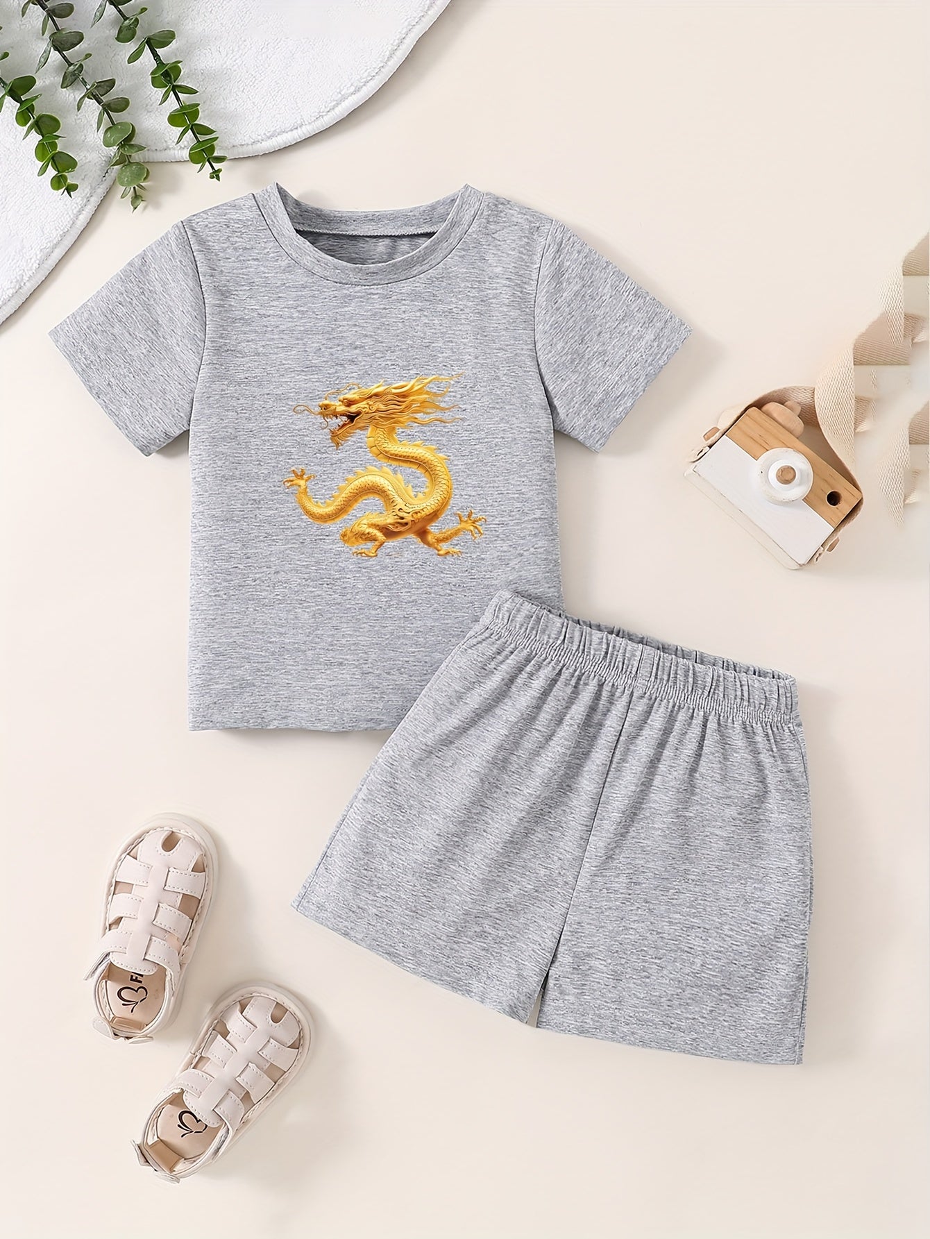 Short Sleeve Dragon Pattern T-shirt & Shorts Set