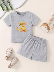 Short Sleeve Dragon Pattern T-shirt & Shorts Set
