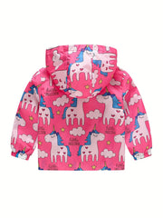 Girls Unicorn Print Hooded Jackets Zip Up Pockets Raincoats