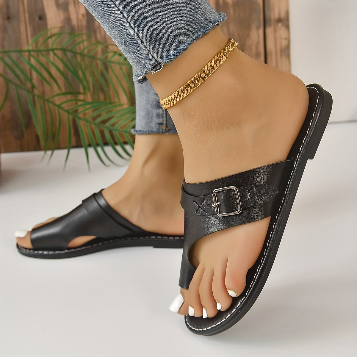 Women's Flat Beach Sandals Faux Leather Slippers