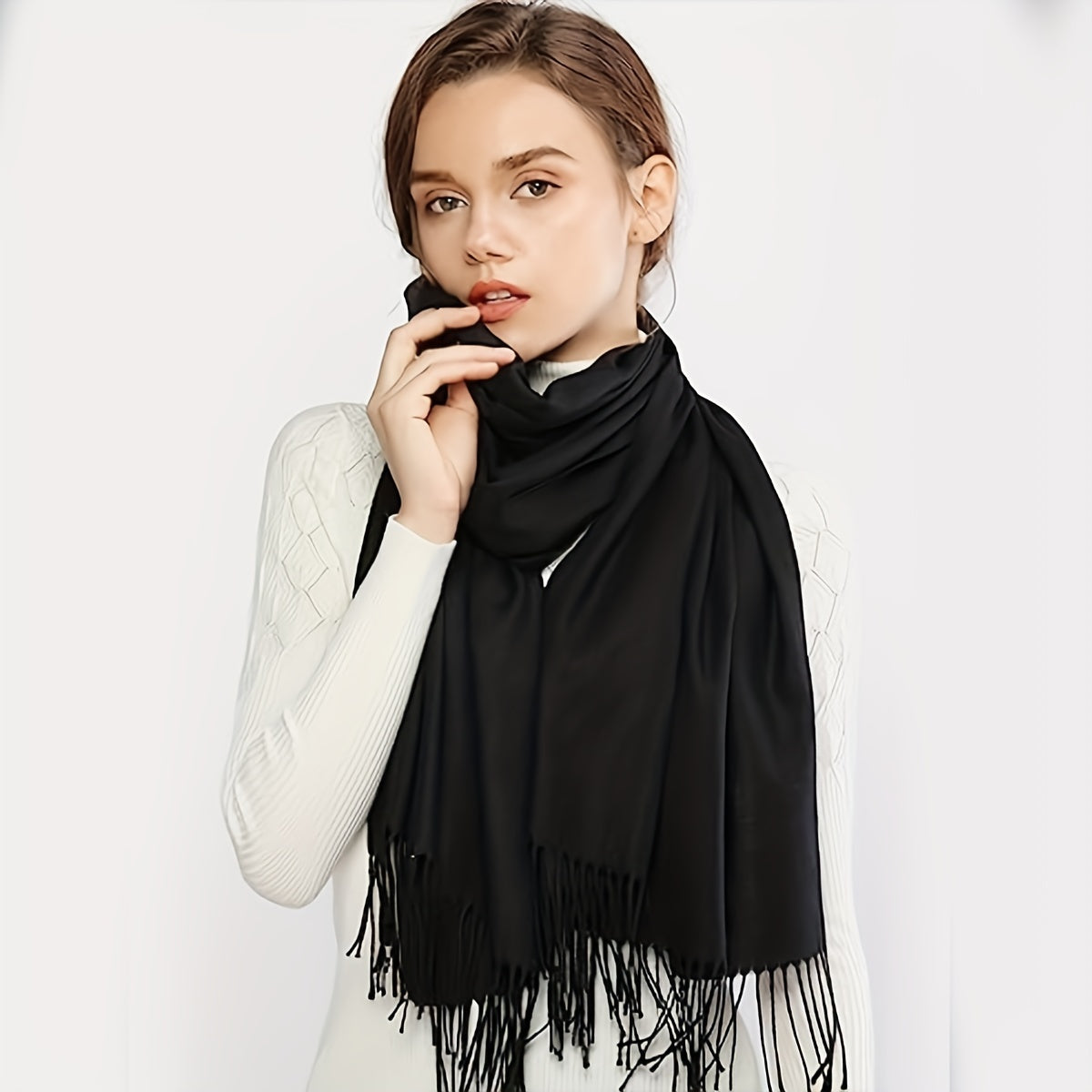 Monochrome Fringed Shawl Wrap Y2K Retro Cashmere Scarf