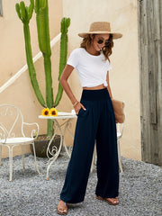 Smocked Waist Wide Leg Pants Solid Casual Every Pants Women's Clothing