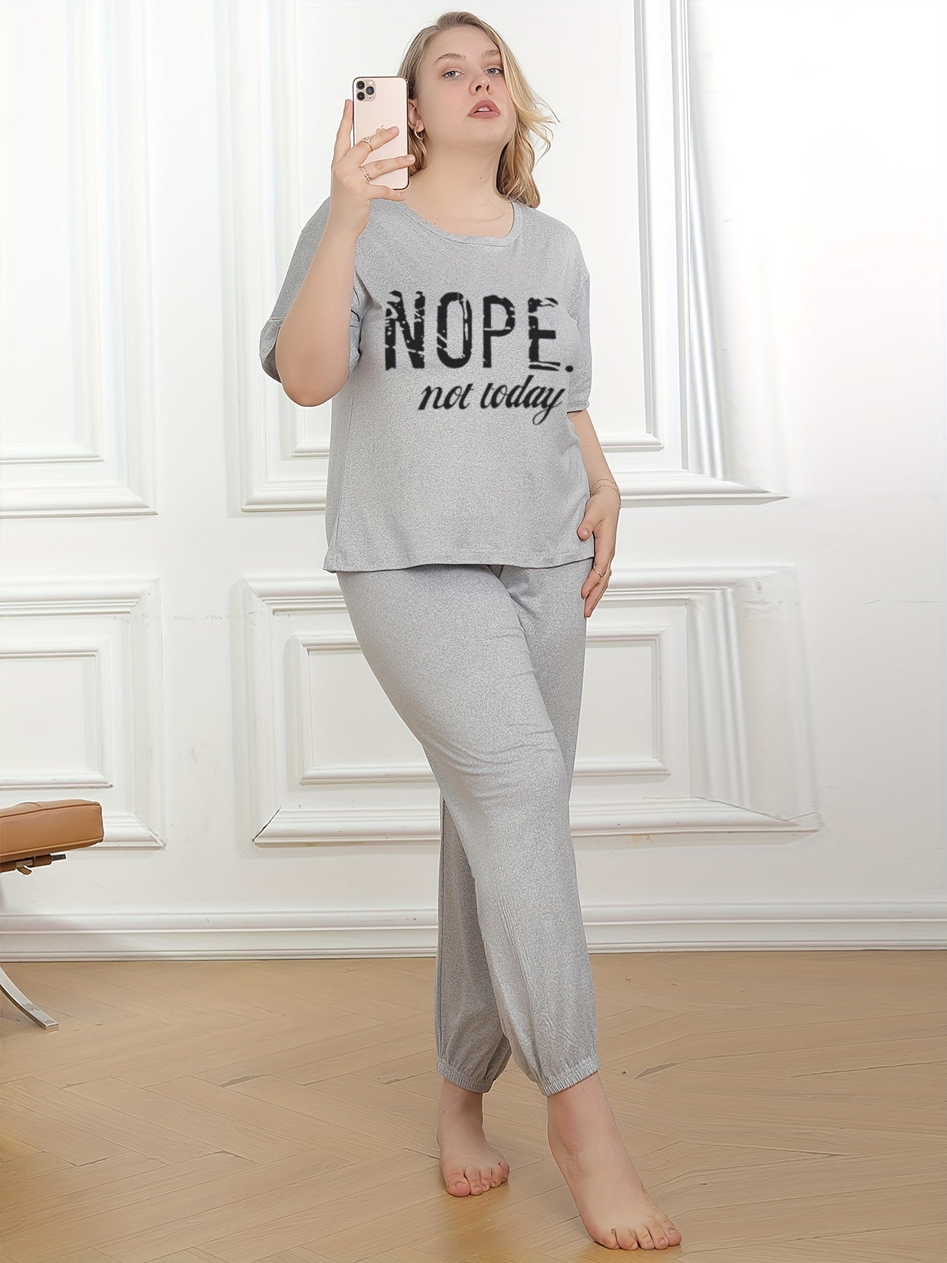 Slogan Print Pajama Set - T Shirt & Joggers Home Wear