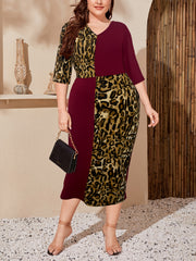 Leopard Print Splicing Dress 3 4 Sleeve Split Dress Women's Clothing