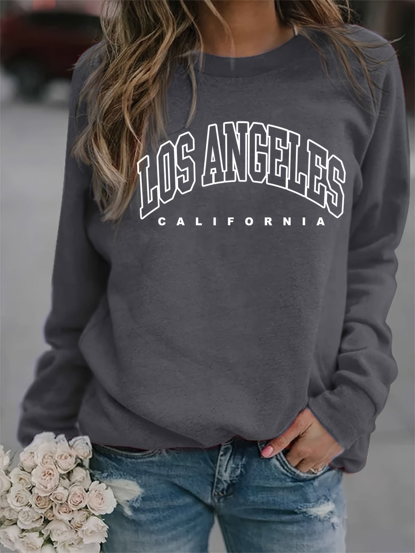 LA Print Crew Neck Sweatshirt Long Sleeve Casual Winter Fall Women's Clothing