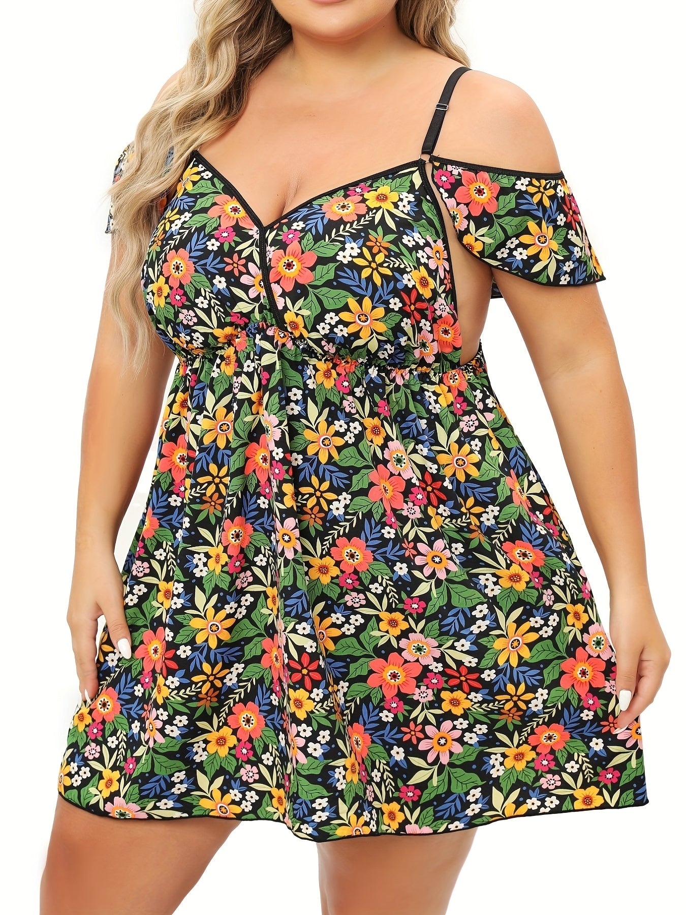 Floral Print Cold Shoulder Ruffle Trim Cami Dress