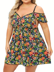 Floral Print Cold Shoulder Ruffle Trim Cami Dress
