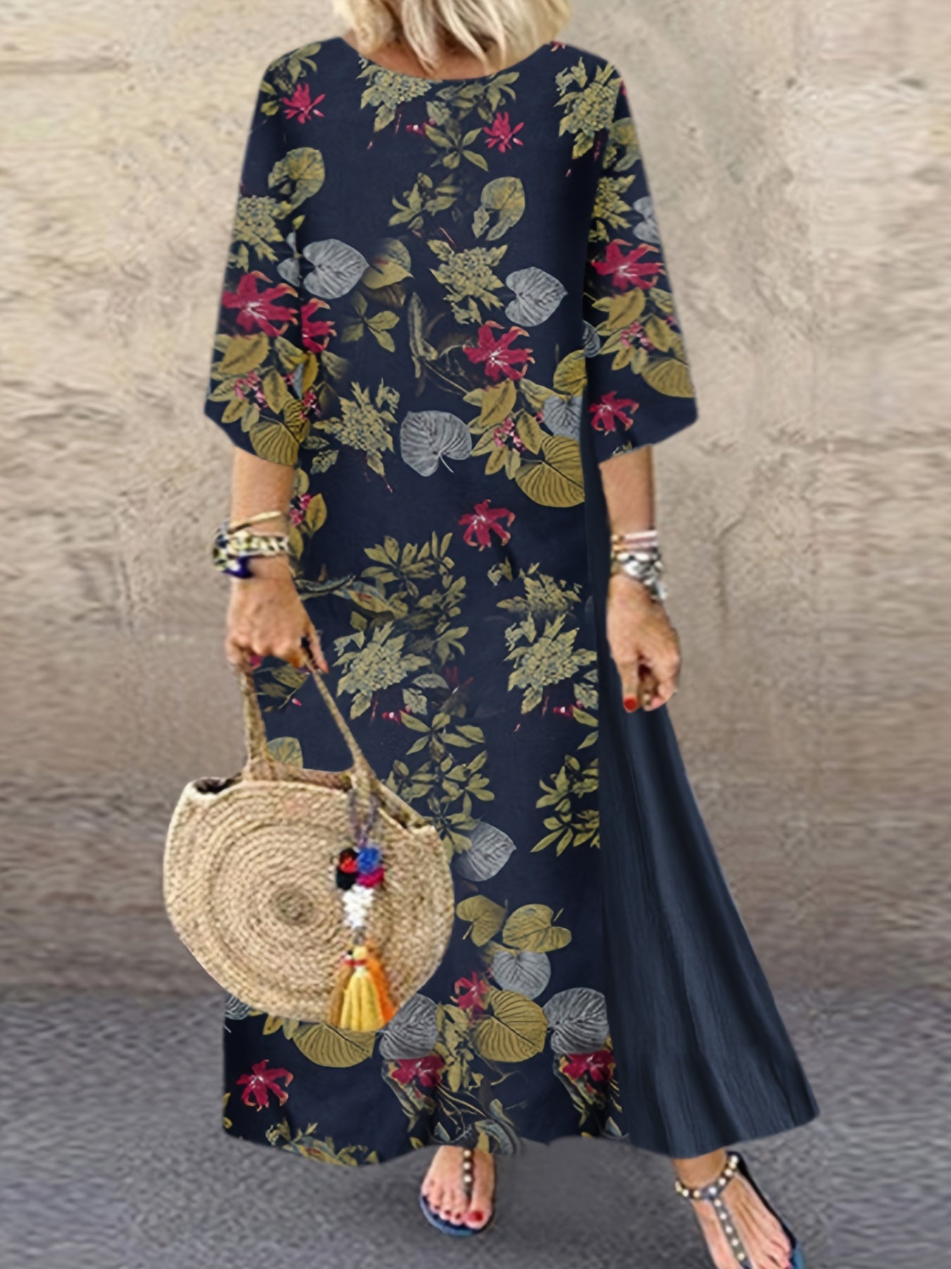 Floral Print Maxi Dress Long Sleeve Plus Size