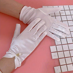 Faux Pearl Decor Satin Gloves Solid Elastic Gloves Wedding Bridal Dress Gloves