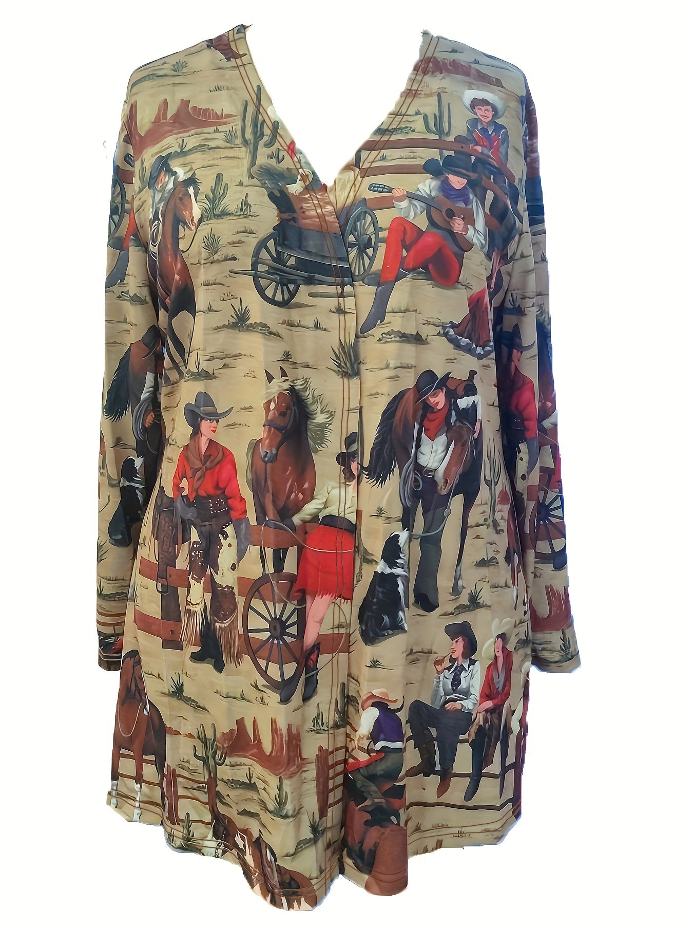 Women's Plus Cowboy Print Long Sleeve Open Front Cardigan