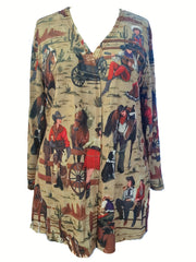Women's Plus Cowboy Print Long Sleeve Open Front Cardigan