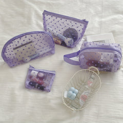 Purple Mesh Makeup Bag Heart Pattern Cosmetic Zipper Pouch
