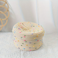 Circular Storage Basket With Lid Beige Cotton Thread Woven Basket