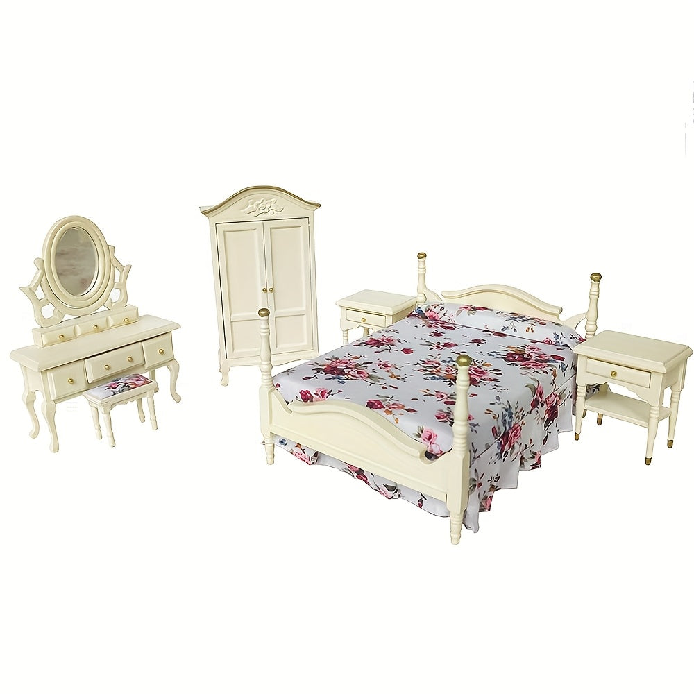 1:12 Vintage Furniture Set Cream/Mahogany Dollhouse Bed Dresser Armoi