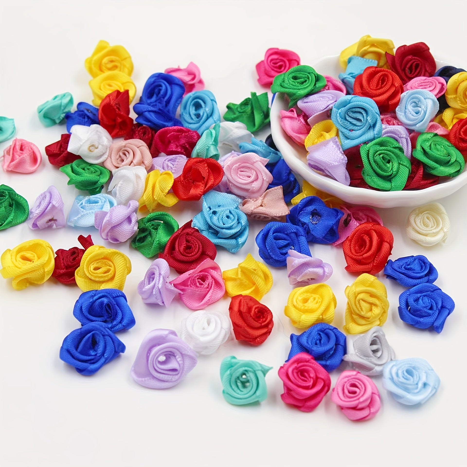 50pcs Mini 15mm Ribbon Rose Flowers DIY Embellishments Artificial Fabric Flower
