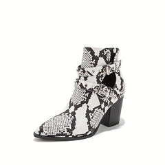 Snakeskin Ankle Boots Point Toe Back Zip Buckle Chunky Heel Shoes