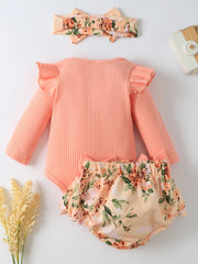 3pcs Newborn Long Sleeve Romper Ruffles Bodysuit & Shorts Set