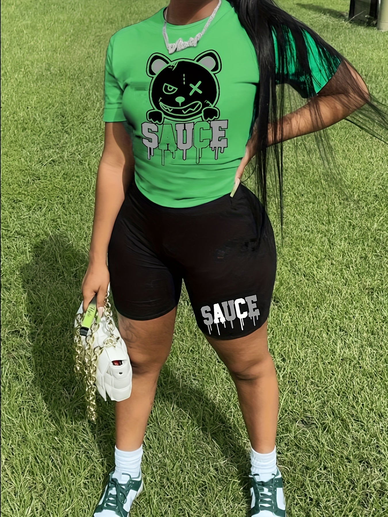 2 Piece Set Women's Letter & Bear Print Crop Top & Shorts