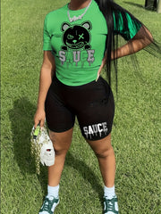 2 Piece Set Women's Letter & Bear Print Crop Top & Shorts