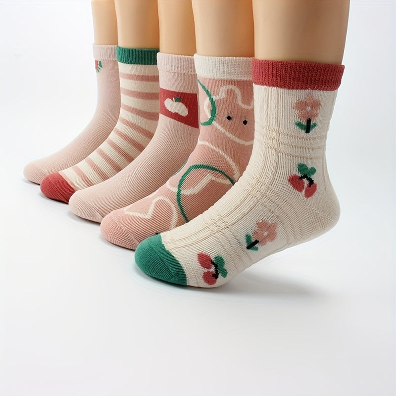 5Pairs Girls Kids Cartoon Crew Socks for Spring Summer