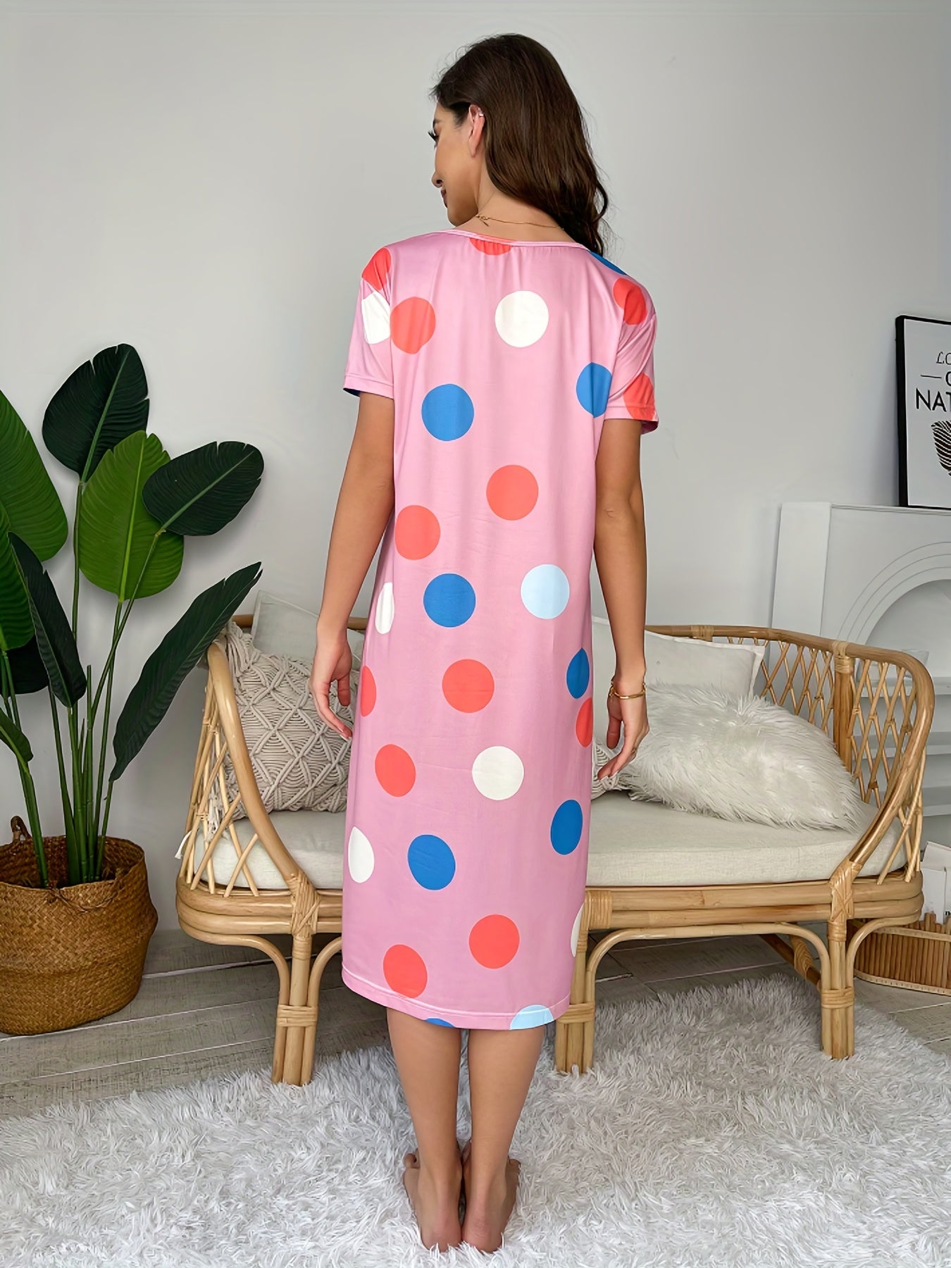 Polka Dot Nightdress Short Sleeve Crew Neck Sleepwear