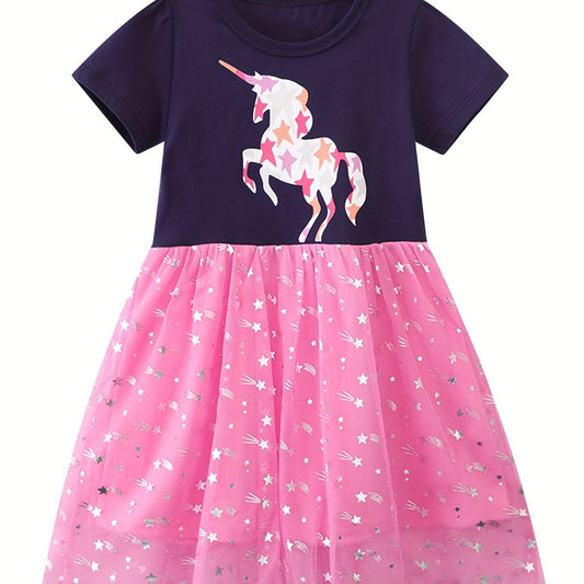 Baby Girls Unicorn Graphic Print Short Sleeve Mesh Dress