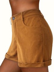 Solid Button Front Slim Shorts for Women