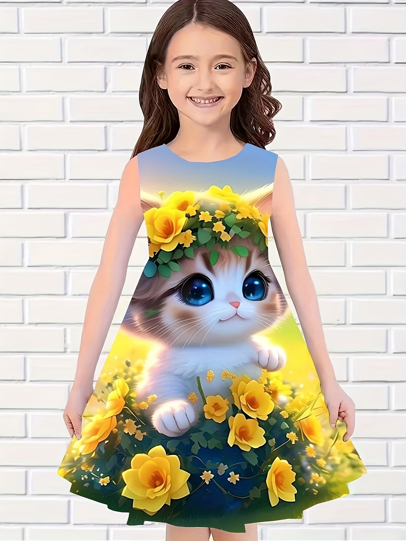 Sunflower Kitty Print Dress Girls Casual Sleeveless Dresses For Summer Party
