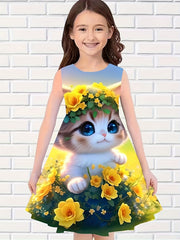 Sunflower Kitty Print Dress Girls Casual Sleeveless Dresses For Summer Party