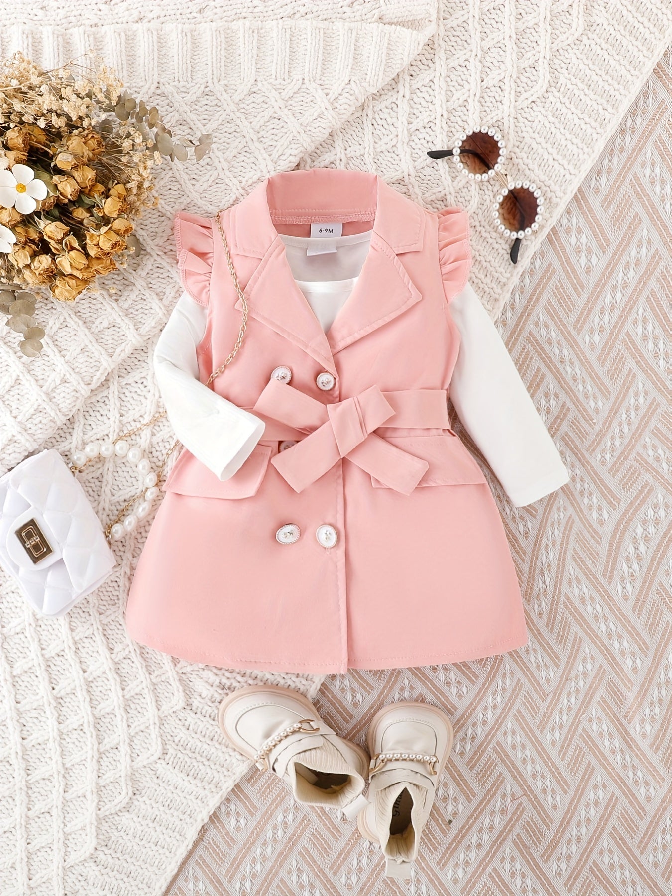 3pcs Baby Girl Stylish Button Up Flutter Sleeve Coat & Blouse & Belt Set
