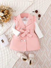 3pcs Baby Girl Stylish Button Up Flutter Sleeve Coat & Blouse & Belt Set