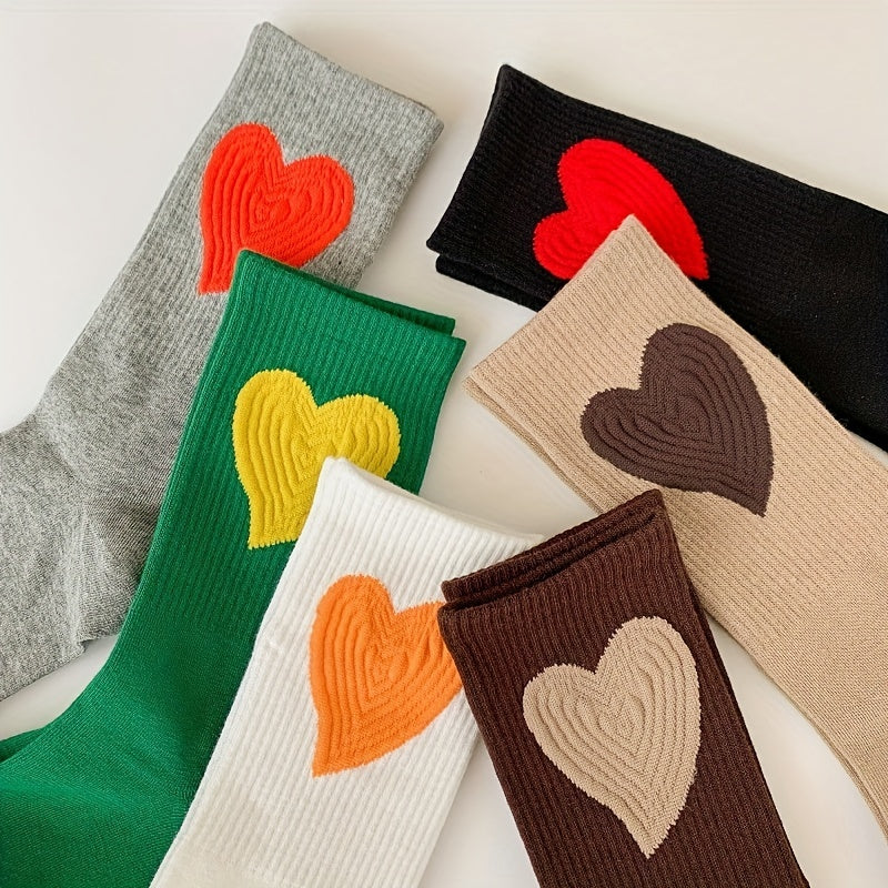 6 Pairs Heart Print Mid Tube Socks Women's Stockings