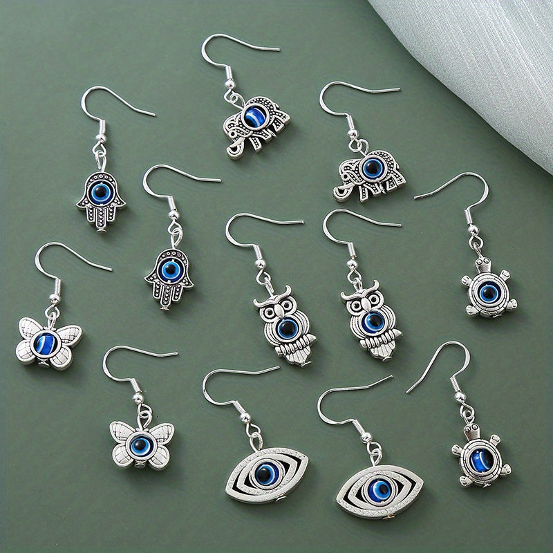 6 Pairs Lucky Stone Eyes Animal Drop Earrings Set