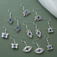 6 Pairs Lucky Stone Eyes Animal Drop Earrings Set